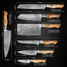 the different types of knifes are shown in this graphic diagram, with measurements for each blade