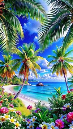 tropical beach scene with palm trees and flowers