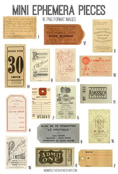 some old fashioned paper tags with numbers and other items on them, including one for each