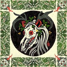 a white horse with horns on it's head surrounded by green and red leaves