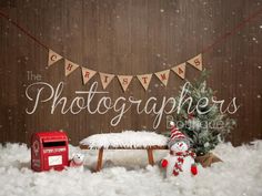 a snow scene with a bench, christmas tree and mailbox in the foreground