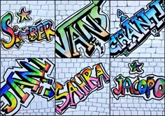 graffiti art on the side of a brick wall in different colors and sizes, including letters