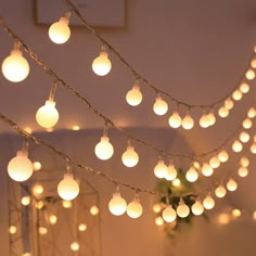 a room filled with lots of white lights hanging from the ceiling and stringing around it