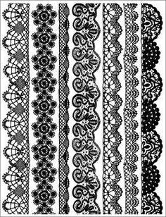 an assortment of laces on white paper with black and white border, including one in the