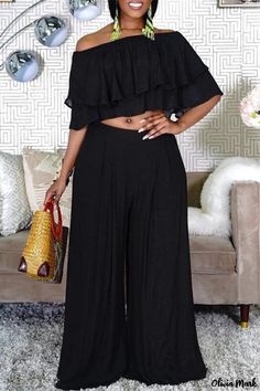 Olivia Mark - Womens Elegant Black Casual Two-Piece Set: Solid Patchwork Off-the-Shoulder Ensemble Black Two Piece Outfit, Elegante Y Chic, Nylon Dress, Black Two Piece, Two Piece Pants Set, Off Shoulder Crop Top, Khaki Fashion, Pantalon Large, Orange Fashion