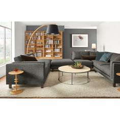 a living room filled with furniture and a book shelf