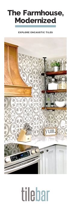 the front cover of tilebar magazine featuring an image of a stove and shelves with utensils