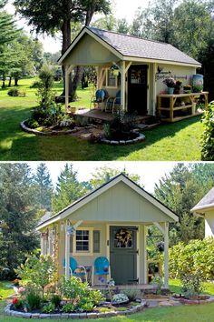 before and after pictures of a small garden shed