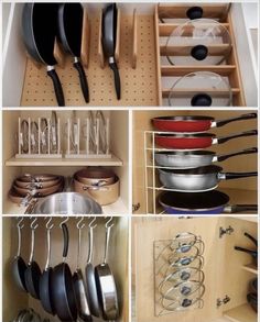 several different types of pots and pans are organized in this kitchen drawer organization system