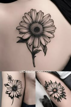 the back of a woman's shoulder with sunflowers on it and an image of