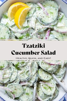 a white bowl filled with cucumber salad and lemon wedges