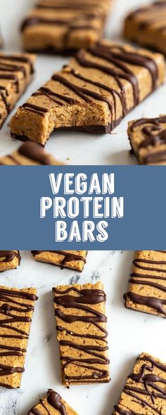 vegan protein bars with chocolate drizzled on top and text overlay