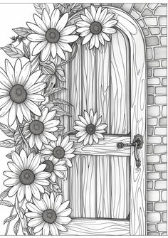 an open door with sunflowers on the outside and brick wall in the background