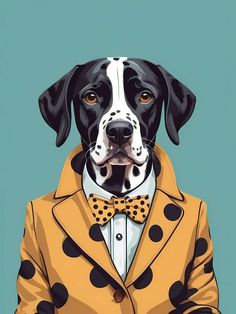 a black and white dog wearing a yellow polka dot suit with his hands in his pockets