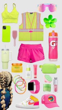 the contents of a woman's sports bra top, shorts, and water bottle