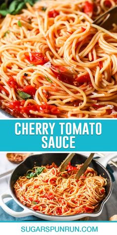 two pictures with different types of pasta in them and the words cherry tomato sauce on top