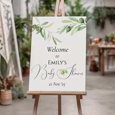 a welcome sign for a baby shower is displayed on an easel in front of potted plants