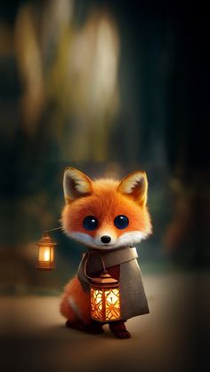 a little red fox holding a lantern in its paws and looking at the camera with an evil look on it's face