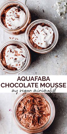 three jars filled with chocolate mousse and topped with whipped cream