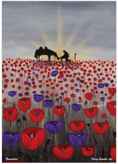 a painting of two people riding horses in a field of poppies with the sun behind them