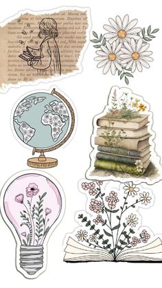 some stickers with flowers and books on them