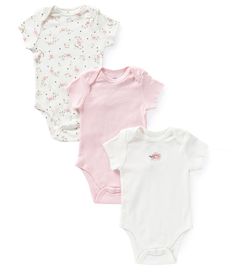 From Little Me, this bodysuit 3-pack features: Includes 3 short sleeved bodysuits Rose appliqueLap shoulder neckline for easy dressing Easy change, bottom snap closuresScratch free label Cotton Machine wash/ tumble dry Imported. Fitted Short Sleeve Onesie For Spring, Fitted Short-sleeved Onesie For Spring, Pink Short Sleeve Bodysuit For Spring, Spring Pink Short Sleeve Cotton Bodysuit, Pink Cotton Short Sleeve Bodysuit, Pink Stretch Bodysuit With Short Sleeves, Pink Stretch Short Sleeve Bodysuit, Spring Cotton Stretch Short Sleeve Bodysuit, Casual Pink Short Sleeve Bodysuit