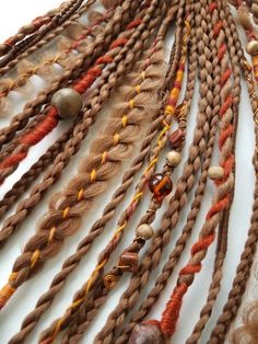 #Redsyntheticbraids, #Gingerhairextension, #Auburnhairfalls, #Tribalhairstyles, #Dreadlocjewelry, #Dreadaccessories, Beads For Hair Braids, Hair Braids Color, Wrapped Dreadlocks, Braids Viking, Silver Hair Extensions, Boho Ponytail, Dreadlocks Decoration, Ginger Hair Extensions, Clip In Dreads