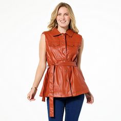 DG2 by Diane Gilman Faux Leather Belted Moto Vest  Get your style motor runnin' . . . and keep it polished, too with this leather-inspired vest from DG2. The vest's iconic, moto silhouette features a tie belt, so you can tailor the fit for what your body, look or life out on the coolest fashion roads demands. Fall Leather Moto Vest, Sleeveless Moto Vest For Fall, Moto Style Sleeveless Vest For Fall, Moto Sleeveless Vest For Fall, Fall Leather Sleeveless Jacket, Sleeveless Vest Biker Jacket For Fall, Sleeveless Biker Jacket Vest For Fall, Sleeveless Biker Vest For Fall, Leather Vest Jacket For Fall