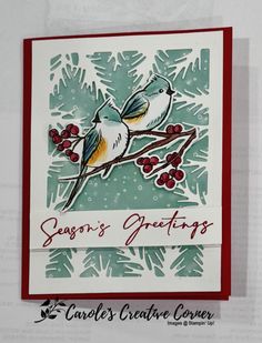 a handmade christmas card with two birds on a tree branch and the words season's greetings