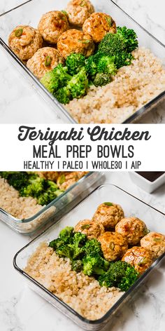 two glass containers filled with chicken and broccoli on top of white countertop