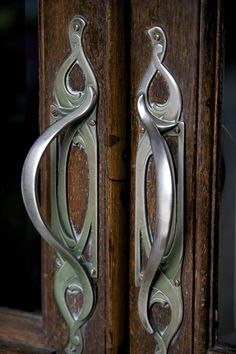 an ornate door handle on a wooden door