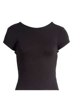 A cropped top presents as simple and standard from the front but serves seriously sultry vibes in the back. 18 1/2" length (size Medium) Boat neck lined Short sleeves Open back 95% rayon, 5% spandex Machine wash, tumble dry Imported Stretch Short Sleeve Crop Top With Built-in Bra, Cropped Top With Built-in Bra And Minimal Stretch, Chic Fitted Crop Top T-shirt, Stretch Elastane Cropped Tops, Chic Scoop Neck Crop Top With Built-in Bra, Chic Seamless Fitted Crop Top, Casual Crop Top With Built-in Bra, Basic Fitted Tops With Built-in Bra, Stretch Crop Top With Built-in Bra And Short Sleeves