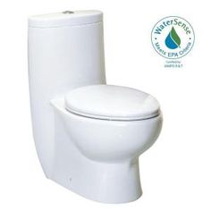 a white toilet sitting next to a green sticker that says water soars on it