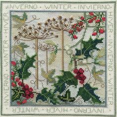 a cross stitch pattern with holly and berries