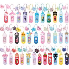 an assortment of cartoon cell phones with tags attached to them