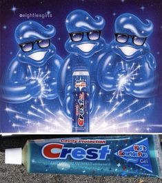 an advertisement for crest toothpaste with three cartoon characters