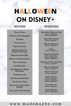 the halloween on disney + movies list with text overlaying it in black and white