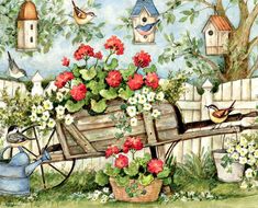 a painting of flowers in a wheelbarrow with birds and birdhouses on the fence