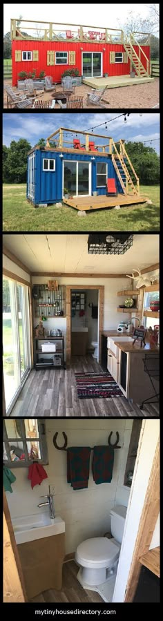 two pictures showing the inside and outside of a tiny house with stairs leading up to it