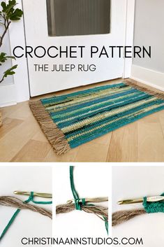 crochet pattern for the jute rug is shown in three different pictures, and includes