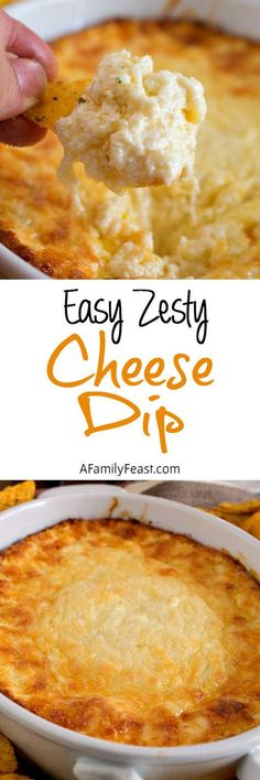 easy cheesy dip recipe in a casserole dish with text overlay