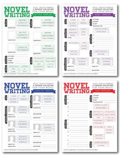 four novel writing worksheets with different colors and font on each page, including the title