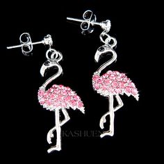 pink flamingo earrings with swarong crystals on the bottom and back side, set in