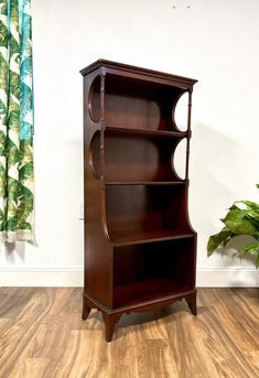 a wooden bookcase sitting on top of a hard wood floor next to a potted plant