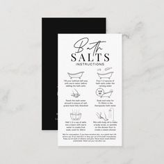 a black and white business card with instructions for salt salts