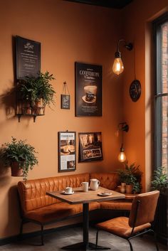 a corner table with two chairs and some potted plants on the wall next to it