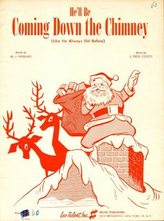 an old sheet music cover with santa claus on top of a chimney and reindeer in the foreground