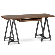 a wooden desk with metal legs and an open drawer on the top, against a white background