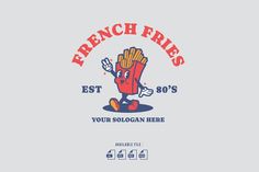 French Fries Retro Cartoon Logo French Fries Logo, French Fries Illustration, Fries Logo, Fries Illustration, Fries Cartoon, Diner Branding, Fast Food Logo, Vintage Mascot