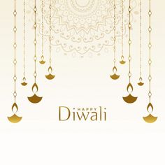 happy diwali greeting card with hanging gold ornaments and pearls on a beige background